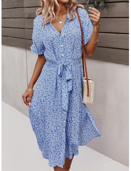 Floral Print Lapel Button Knotted Short Sleeve Dress For Women