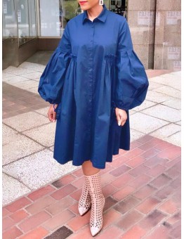 Women Cotton Solid Color Lapel Puff Sleeve Pleated Casual Shirt Dress