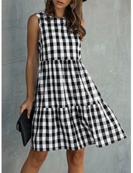 Women Plaid Pattern Sleeveless Back Button Tiered Dress