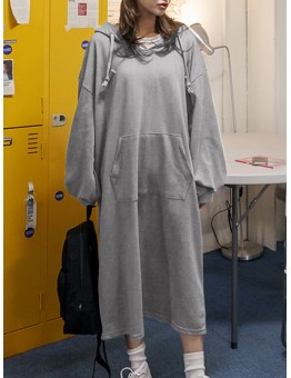 Women Puff Sleeve Loose Hooded Sweatshirt Calf Length Casual Midi Dresses
