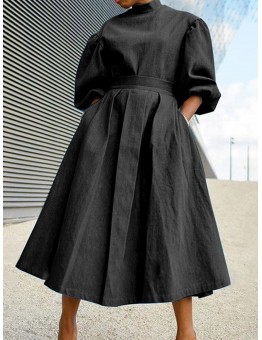 Women Puff Sleeve Pleated Solid Color Stand Collar Back Zipper Calf Length Midi Dresses