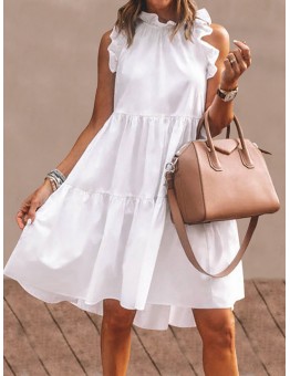 Women Solid Color Ruffles Trim Sleeveless Simple Midi Dresses