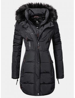 Women Solid Color Multi Pocket Zipper Front Faux Fur Collar Hooded Coat
