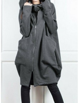 Women Solid Zip Front Fakes 2pcs Pocket Hooded Casual Coat