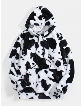 Mens Cows Print Fluffy Long Sleeve Plush Hoodie With Kangaroo Pocket