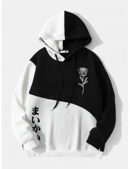 Mens Pattern Rose Japanese Letter Contrast Color Patchwork Hoodies