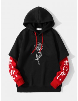 Mens Splicing False Two Rose Printing Japanese Letter Hoodies
