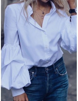 Solid Color Turn-down Collar Long Puffs Sleeve Blouse For Women