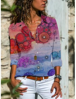 Women Vintage Ethnic Printed Tie Dye Lapel Collar Long Sleeve Shirt
